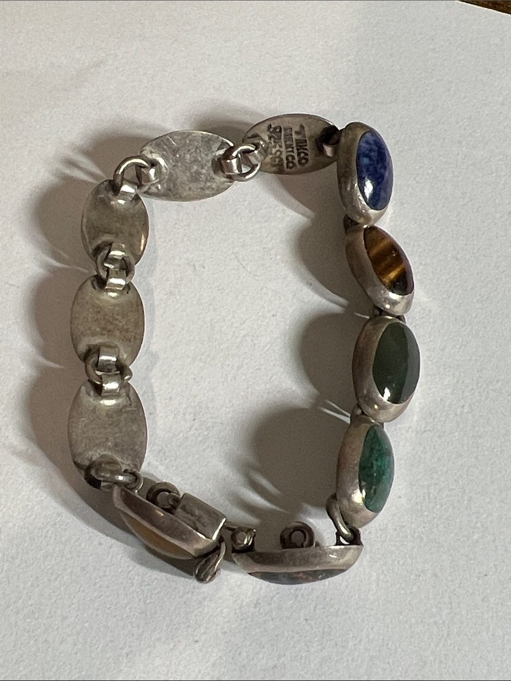Sterling Silver Multi-Stone Link Bracelet with Blue, Brown, Green Accents